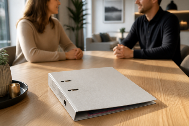 Zwei Menschen besprechen Vorsorgewünsche mit einem Unterlagenordner auf dem Tisch