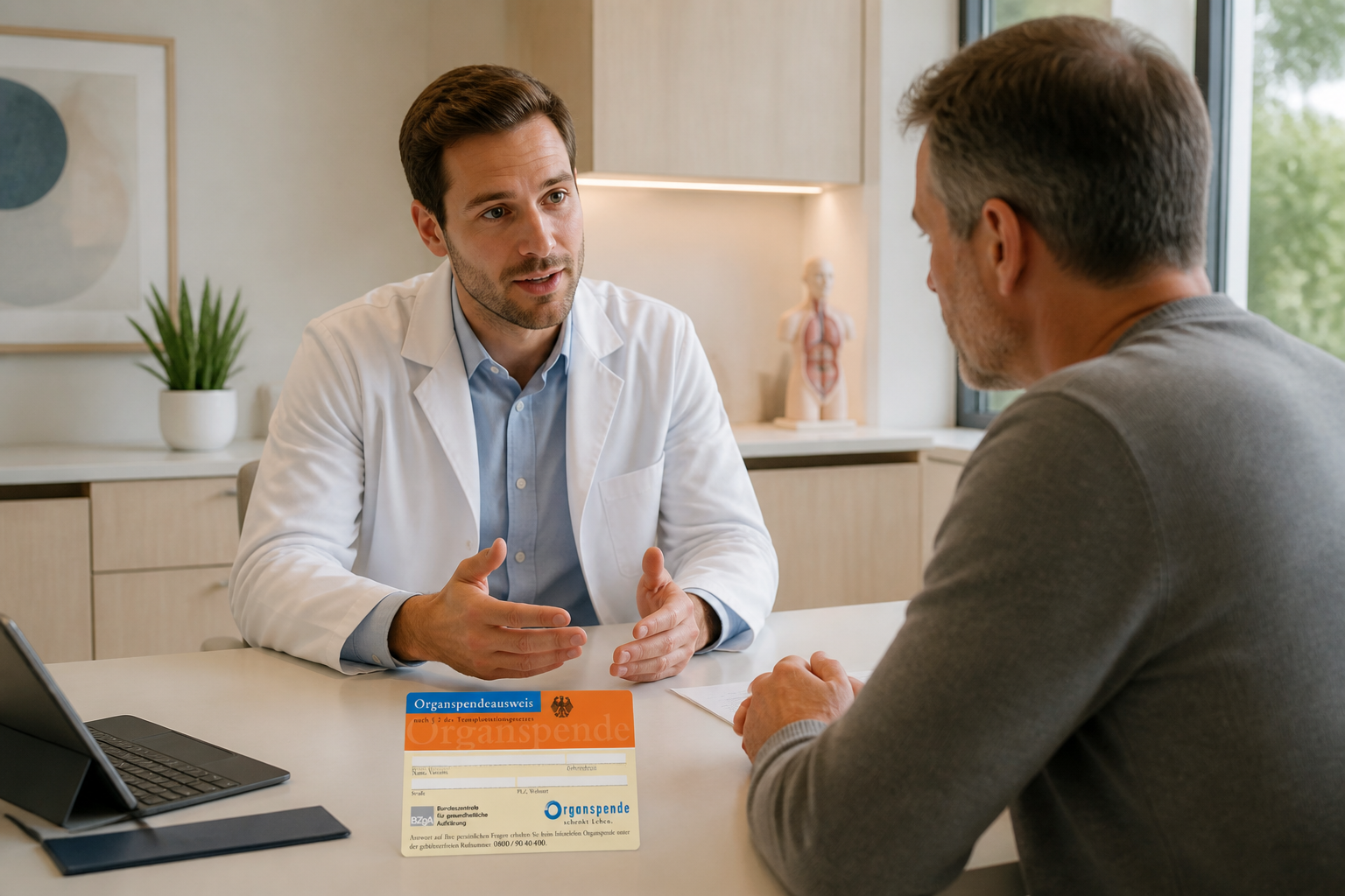 Arzt berät einen Patienten zur Organspende im persönlichen Gespräch