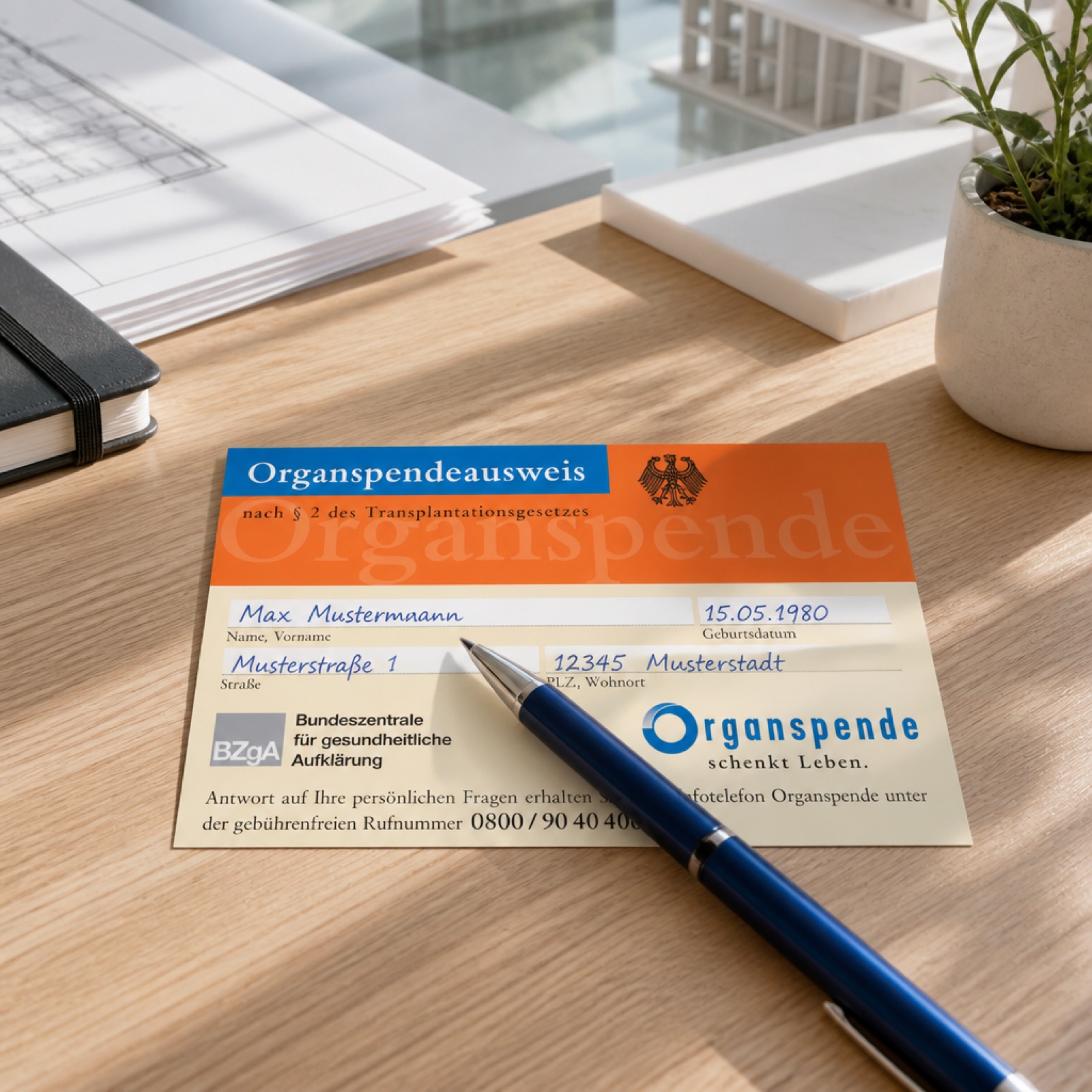Ausgefüllter Organspendeausweis auf einem Tisch als Symbol für eine klare persönliche Entscheidung